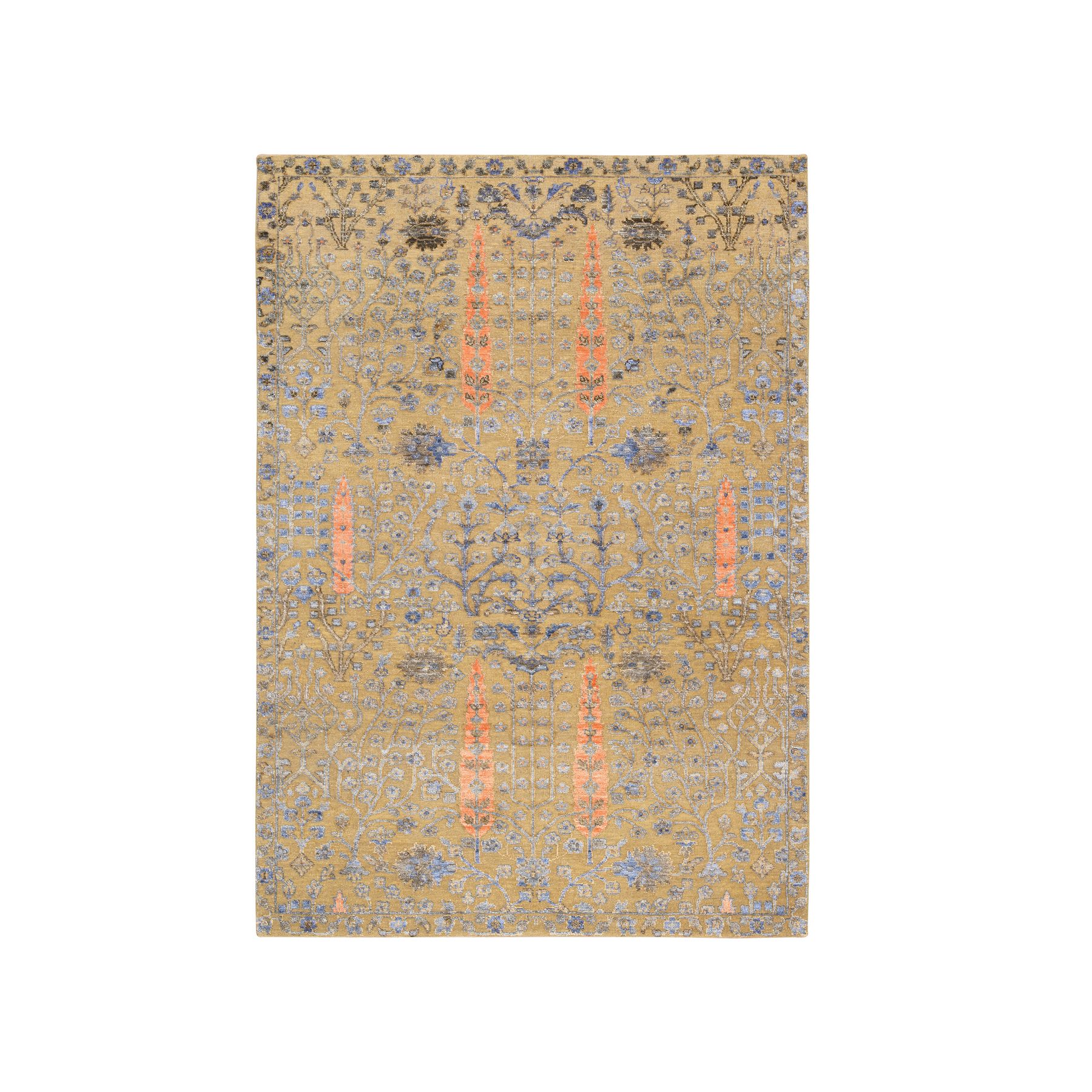 4'1"x6'2" Almond Brown, Hand Knotted Cypress Tree Design, Silk With Textured Wool, Oriental Rug 